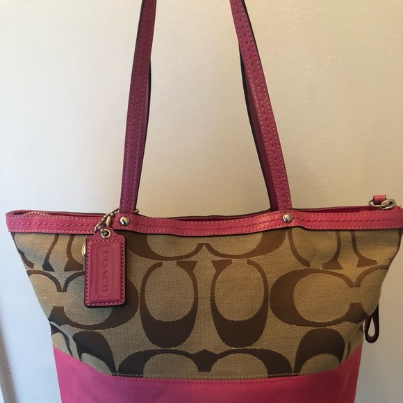 Coach Signature Pink Stripe Leather Tote - Picture 3 of 4